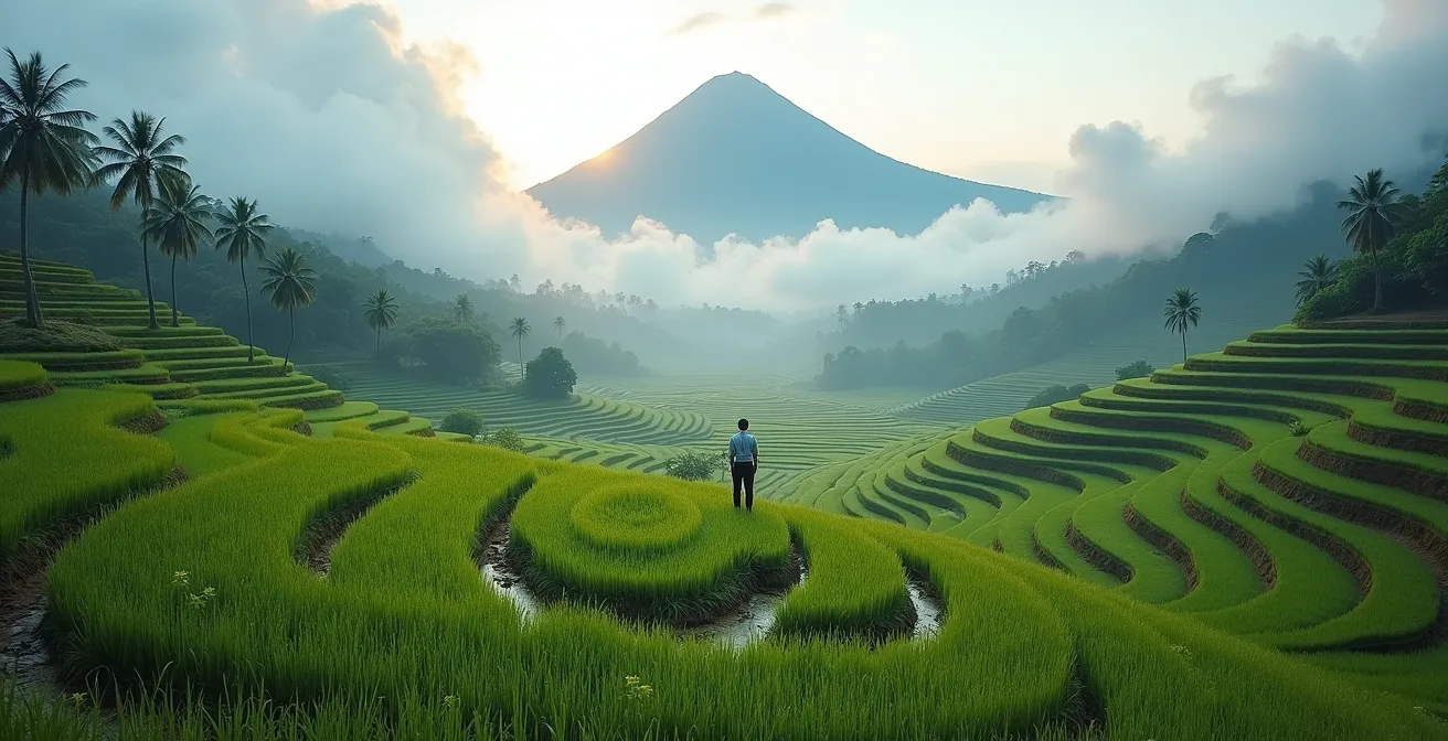 Aerial view of Sidemen's emerald rice terraces with Mount Agung backdrop during morning mist