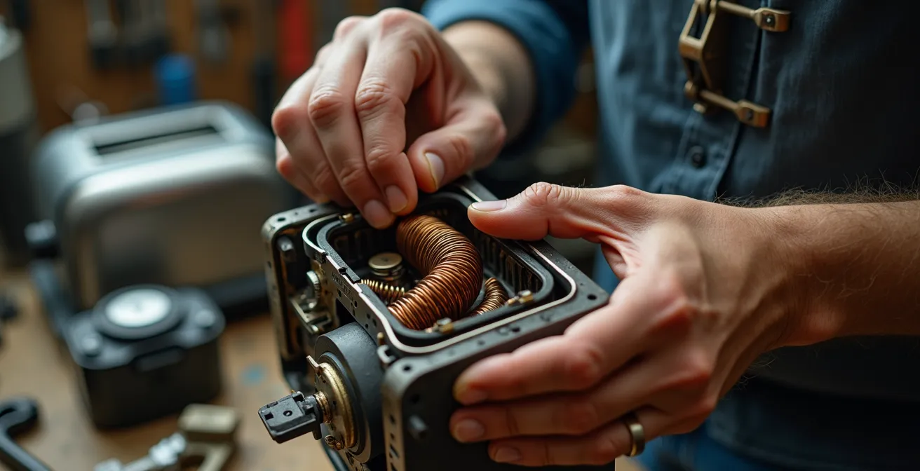 Close-up view of hands repairing a small household appliance with tools arranged systematically