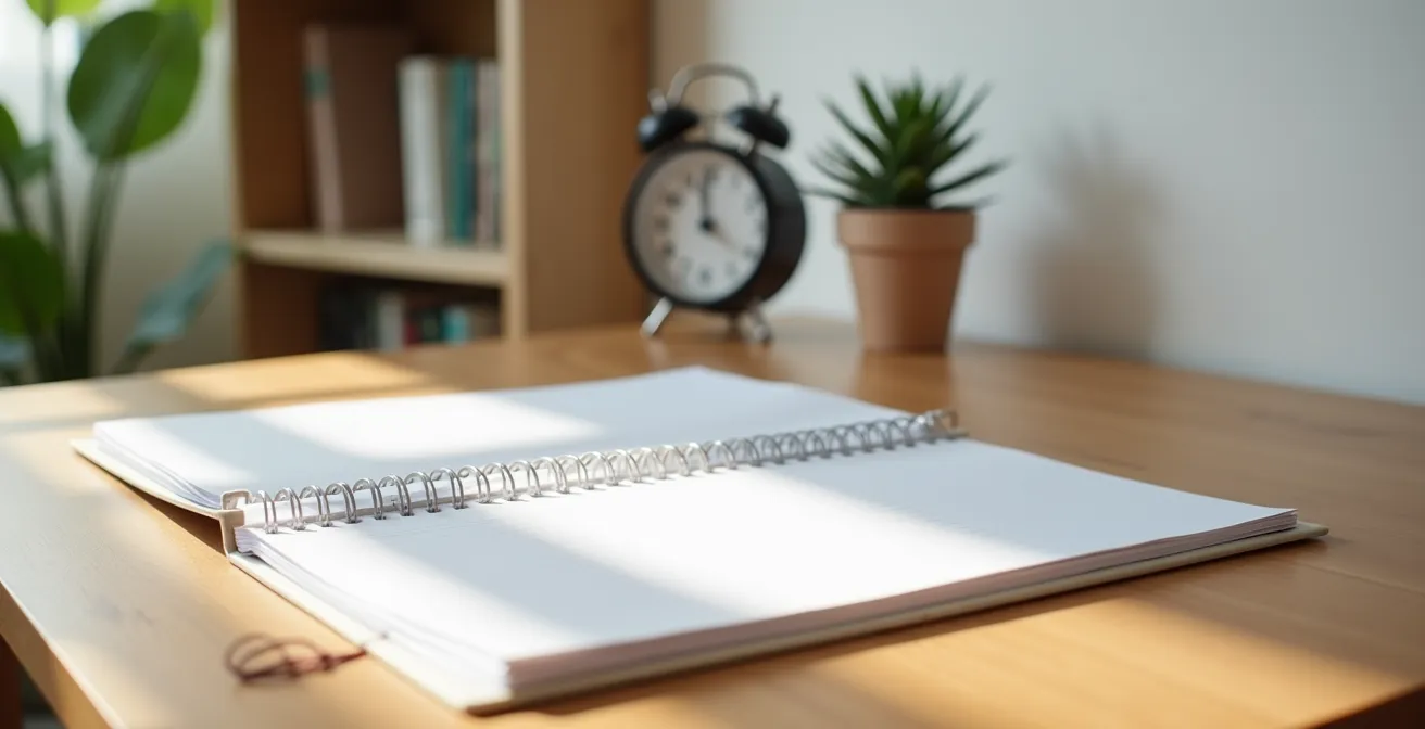 Wide angle view of modern home office desk with calendar and planning materials arranged in organized fashion