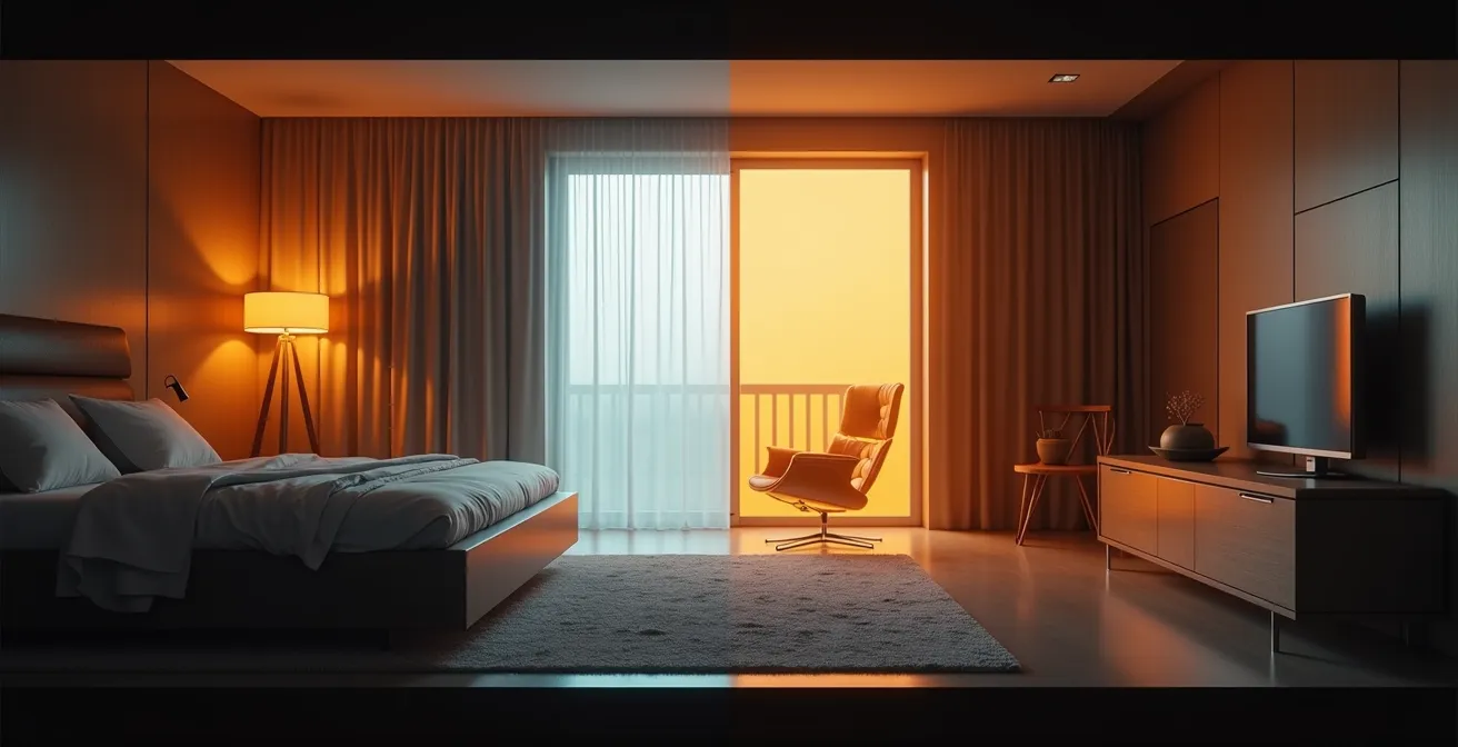 Studio apartment with distinct lighting zones creating room separation