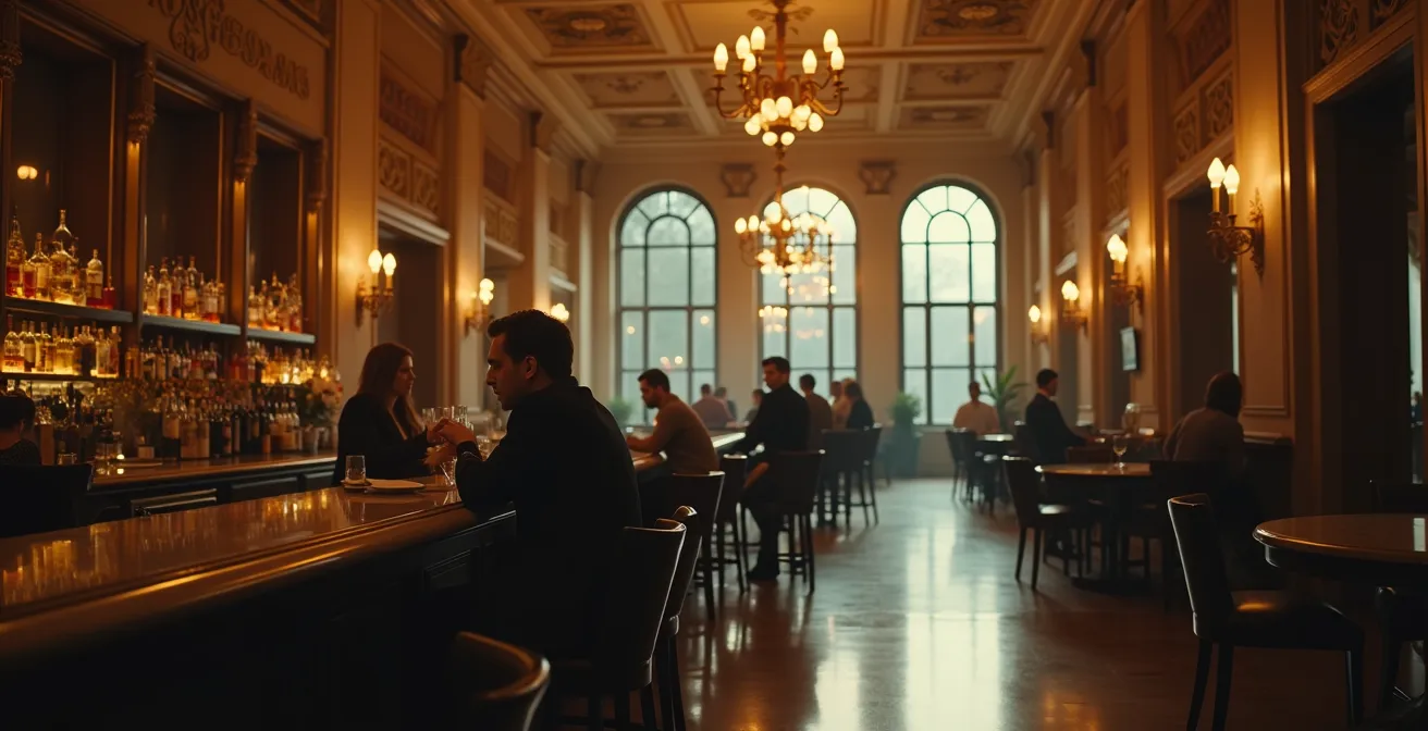 Wide shot of an elegant theater lobby bar with patrons during intermission