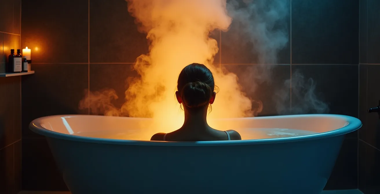 Person relaxing in a warm bath with steam rising in a dimly lit bathroom