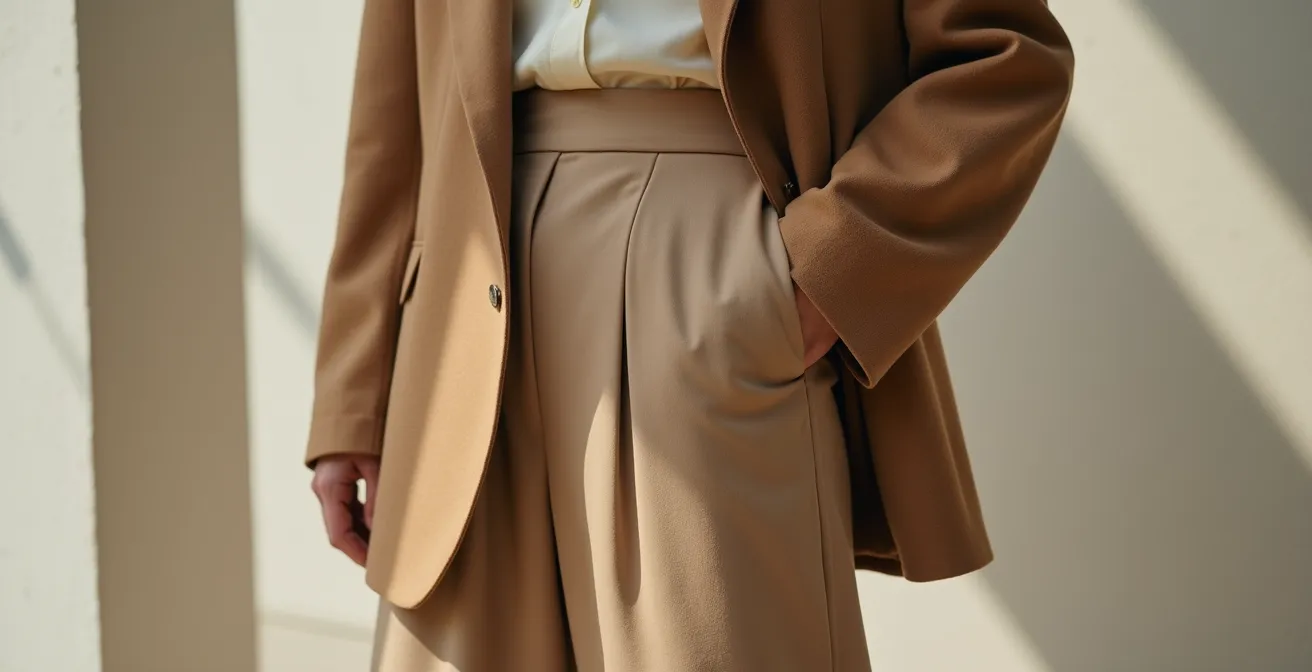 Elegant monochromatic outfit in varying shades of camel and cream displayed on minimalist background
