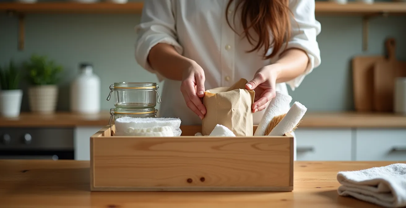 Organized transition box with eco-friendly kitchen alternatives like beeswax wraps and glass jars ready for swapping.