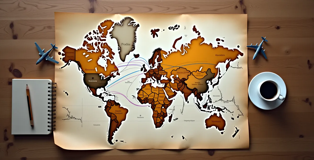 Person studying world map with flight route pins and planning materials