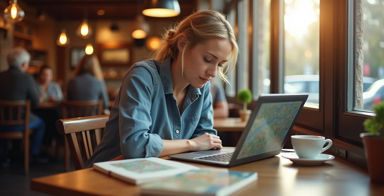 A person in a cozy cafe, diligently researching on a laptop with a travel journal open beside them.