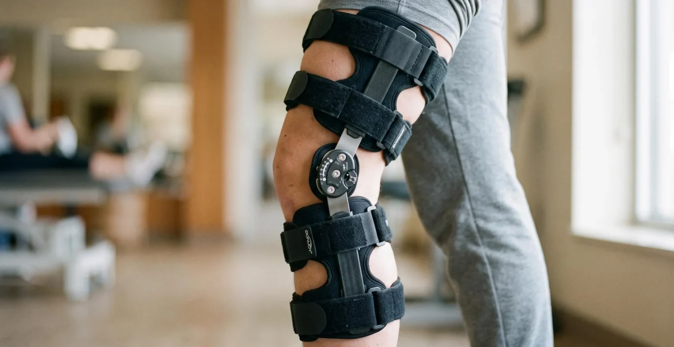 Close-up of a hinged knee brace properly fitted on a patient's leg during ACL surgery recovery