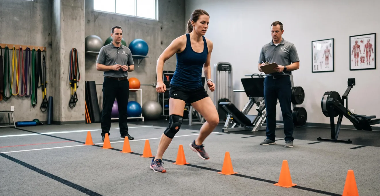 Patient performing controlled lateral agility drill with training cones under physical therapist supervision during advanced ACL rehabilitation