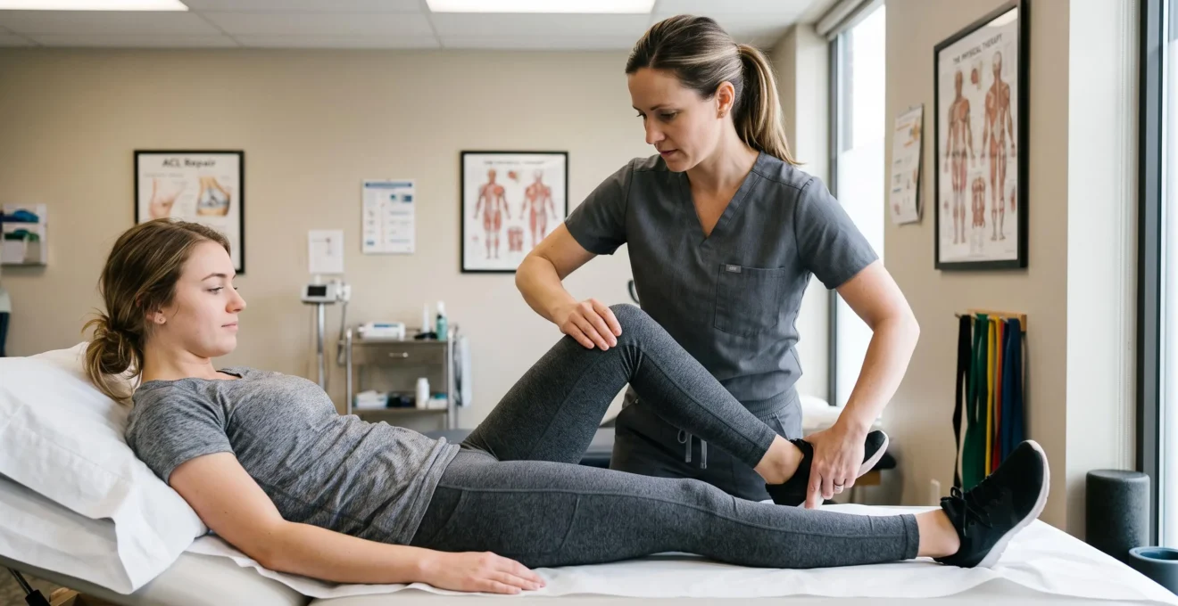 Physical therapist performing manual knee flexion assessment on a patient during ACL recovery evaluation on a treatment table
