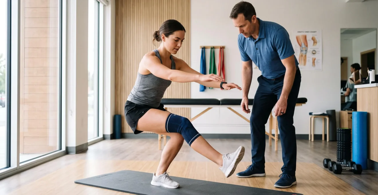 Physical therapist supervising a patient performing single-leg squat exercise during ACL recovery rehabilitation in a modern clinic