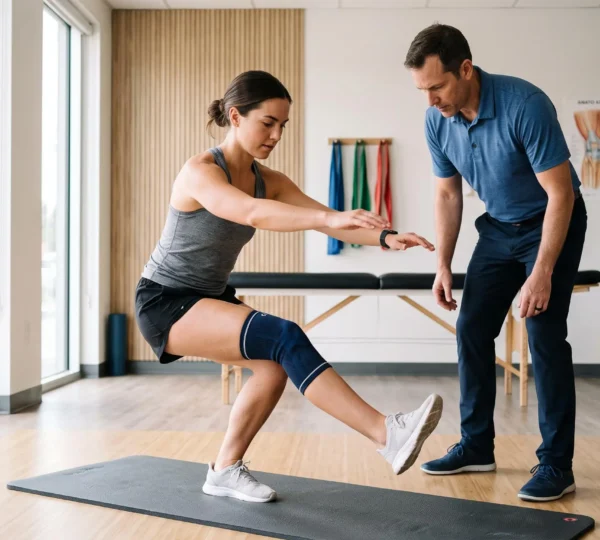Physical therapist supervising a patient performing single-leg squat exercise during ACL recovery rehabilitation in a modern clinic